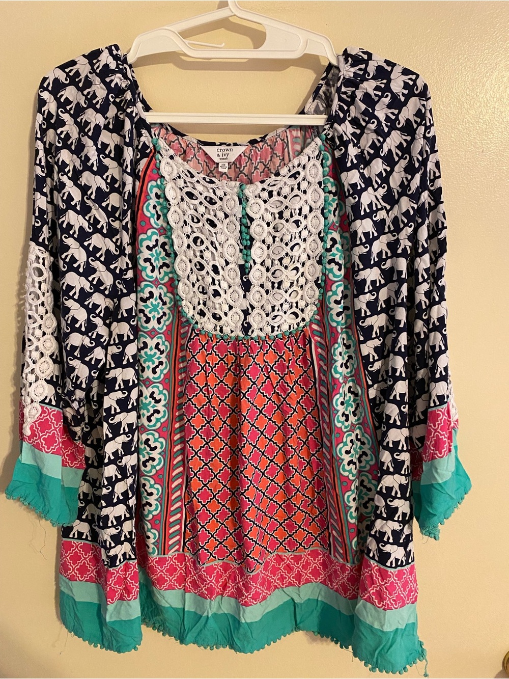 crown & ivy Navy Elephant-Print Tunic with Coral & Teal Panels
